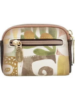 Porte-monnaie beige avec des imprimés et une fermeture à zip