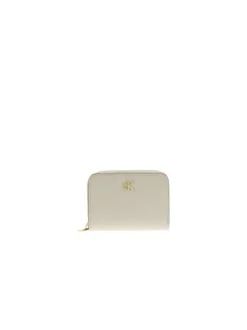 Porte-monnaie beige en cuir avec fermetures par zip et rabat à pression
