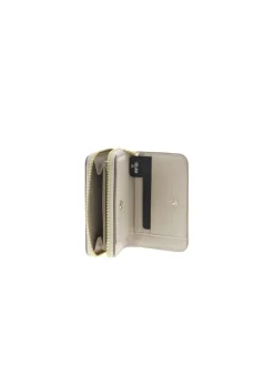 Porte-monnaie beige en cuir avec fermetures par zip et rabat à pression