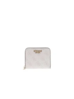 Porte-monnaie blanc imprimé au nom de la marque avec un zip de fermeture