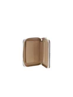 Porte-monnaie blanc imprimé au nom de la marque avec un zip de fermeture