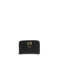 Porte-monnaie noir matelassé façon lézard avec logo et zips dorés