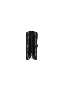 Porte-monnaie noir matelassé façon lézard avec logo et zips dorés