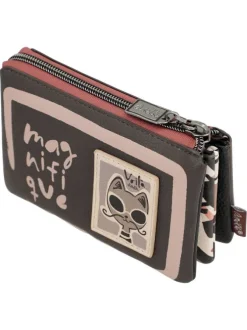 Porte-monnaie taupe pourvu de motifs exclusifs et d'une fermeture zippée