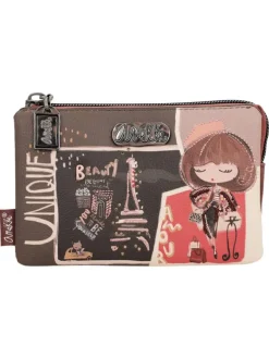 Porte-monnaie taupe pourvu de motifs exclusifs et d'une fermeture zippée