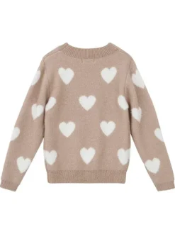 Pull beige en maille avec une coupe droite et des cœurs blancs imprimés