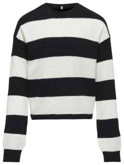 Pull blanc rayé à coupe droite, col rond et à manches longues