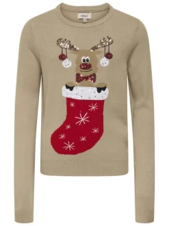 Pull camel imprimé avec une coupe droite à col rond et des manches longues