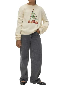 Pull écru avec un motif de noël en sequins brodés multicolores
