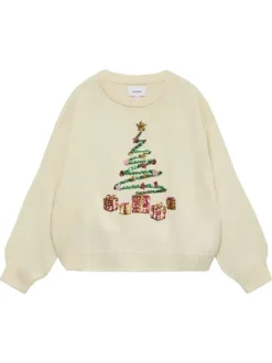 Pull écru avec un motif de noël en sequins brodés multicolores