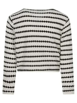Pull écru en coton mélangé à rayures pourvu d'un col rond et d'une coupe droite
