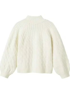 Pull écru en maille tricotée pourvu d'un col montant effet côtelé