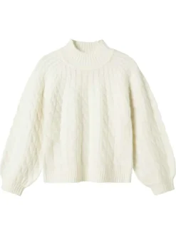 Pull écru en maille tricotée pourvu d'un col montant effet côtelé