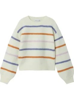 Pull écru en maille tricotée pourvu d'un col rond et de manches longues