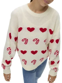 Pull écru tricoté avec des motifs de sucres d'Orge et de coeurs rouges