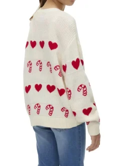 Pull écru tricoté avec des motifs de sucres d'Orge et de coeurs rouges