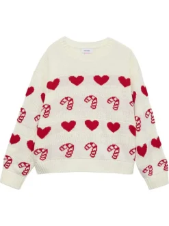 Pull écru tricoté avec des motifs de sucres d'Orge et de coeurs rouges