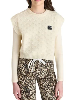 Pull écru uni avec une coupe droite à col rond et sans manches