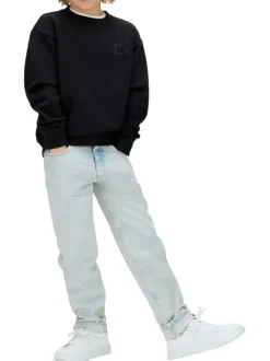 Pull en coton biologique noir à coupe ajustée pourvu d'un col rond