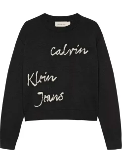 Pull en coton noir uni avec un col rond et le nom de la marque à l'avant