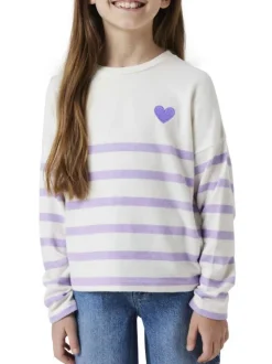 Pull lilas rayé avec un col rond et une coupe droite à manches longues