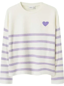 Pull lilas rayé avec un col rond et une coupe droite à manches longues