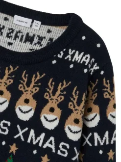 Pull marine avec un imprimé noël une coupe droite et un col rond