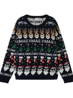Pull marine avec un imprimé noël une coupe droite et un col rond