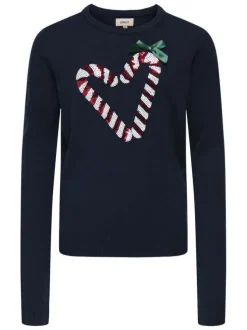 Pull marine imprimé avec une coupe droite à col rond et des manches longues