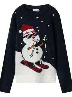 Pull marine imprimé bonhomme de neige avec coupe droite et col rond