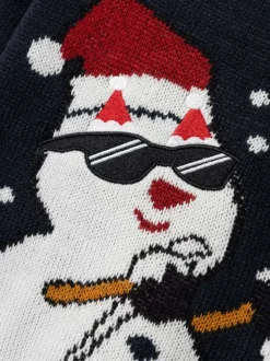 Pull marine imprimé bonhomme de neige avec coupe droite et col rond