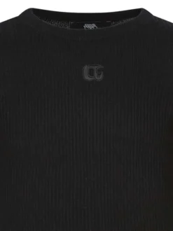 Pull noir côtelé à coupe près du corps et col rond avec le logo