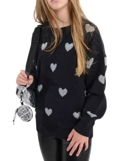 Pull noir en maille fine avec une coupe droite et des cœurs argentés brodés