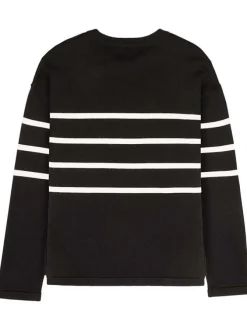 Pull noir uni avec une coupe droite à col rond et des bandes blanches