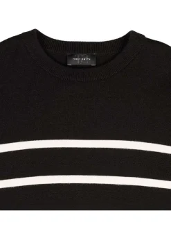 Pull noir uni avec une coupe droite à col rond et des bandes blanches