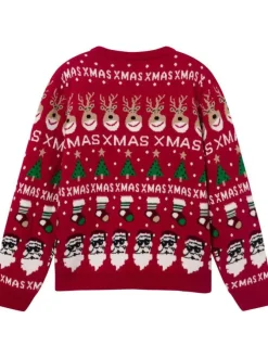 Pull rouge avec une coupe droite un col rond et un imprimé noël