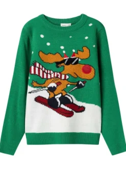 Pull vert imprimé renne de noël avec une coupe droite et un col rond