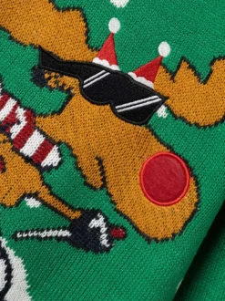 Pull vert imprimé renne de noël avec une coupe droite et un col rond