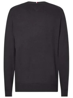 Pull anthracite uni col v en maille fine coupe classique