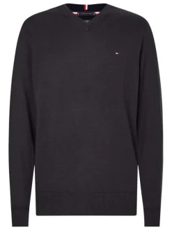 Pull anthracite uni col v en maille fine coupe classique