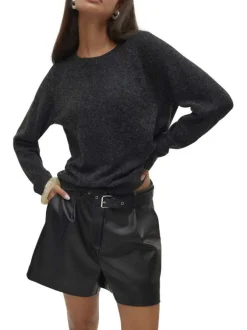 Pull anthracite uni incrusté de fils lurex avec un col rond