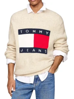 Pull beige chiné avec logo central à coupe droite, col rond et à manches longues