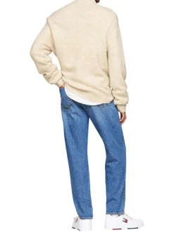 Pull beige chiné avec logo central à coupe droite, col rond et à manches longues