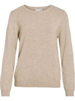 Pull beige clair en maille chinée avec un col rond en bord-côte