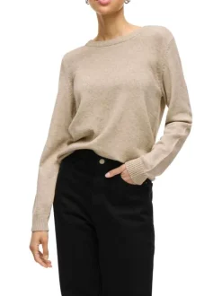 Pull beige clair en maille chinée avec un col rond en bord-côte