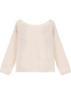 Pull beige en maille tricotée avec une coupe droite et un col rond