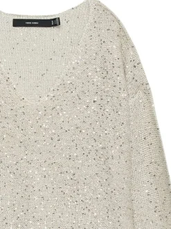 Pull beige fantaisie brodé de sequins argentés avec un léger col v