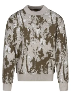 Pull beige imprimé avec une coupe droite à col rond et des manches longues