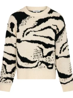 Pull beige imprimé avec une coupe droite à col rond et des manches longues