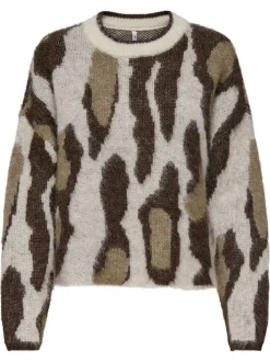 Pull beige imprimé avec une coupe droite à col rond et des manches longues